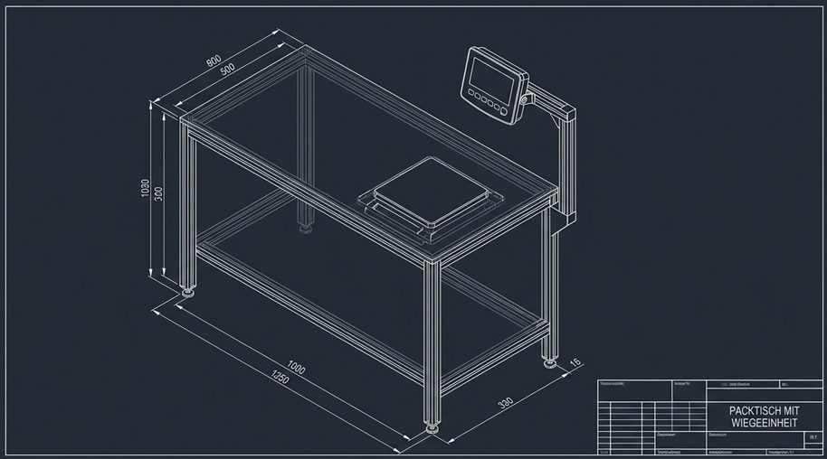 Packtisch mit Wiegeeinheit – CAD-Zeichnung